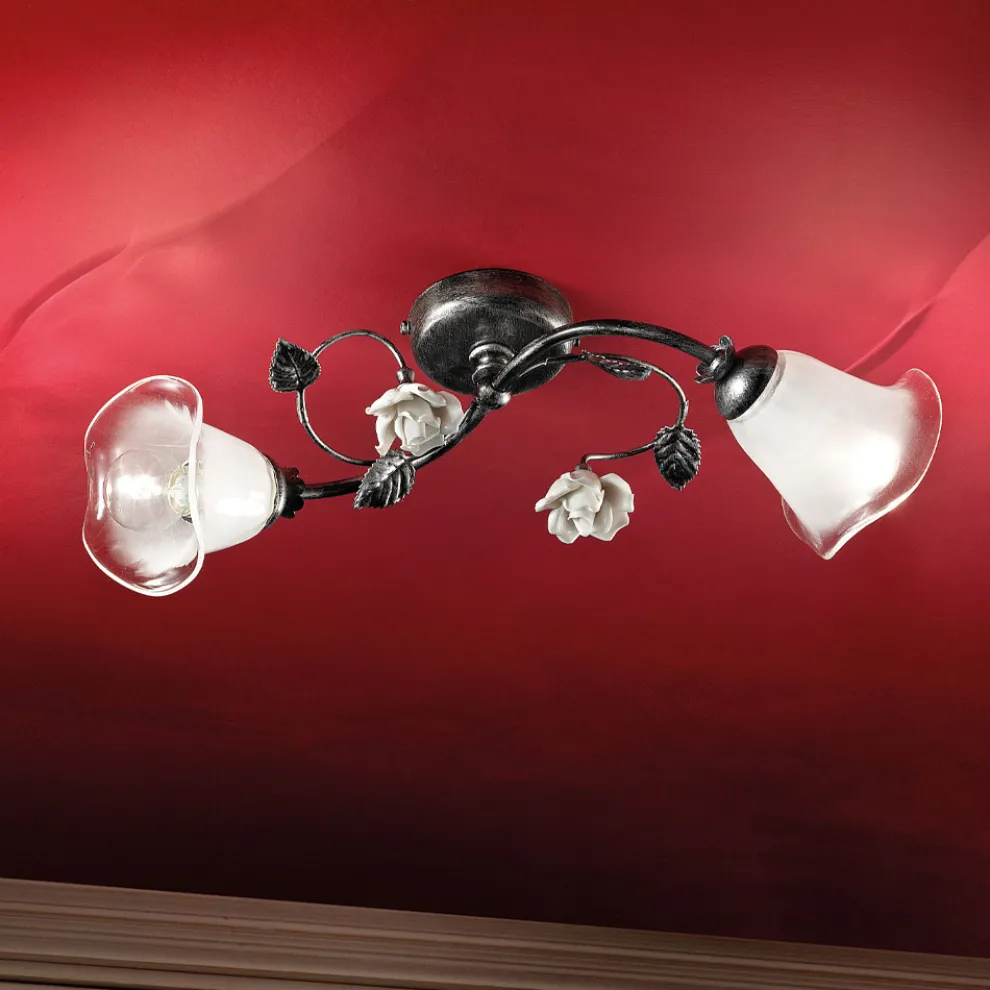 2-flammige Deckenleuchte aus Eisen, Glas und Rosen mit Keramikdekor - Siena