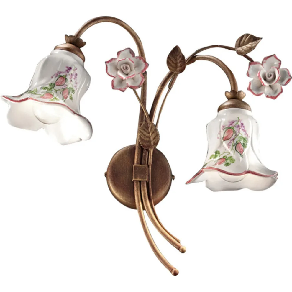 2-flammige Wandlampe aus Metall und handverzierter Keramik mit Rose - Pisa