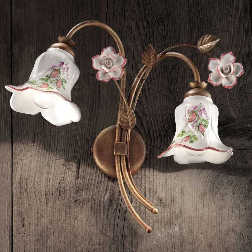 2-flammige Wandlampe aus Metall und handverzierter Keramik mit Rose - Pisa