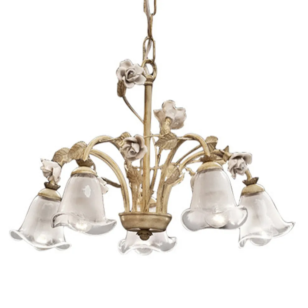 5-flammiger Kronleuchter aus Eisen und sandgestrahltem Glas mit Keramikrosen - Siena