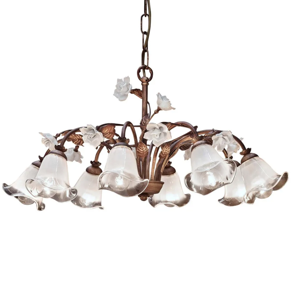 8-flammiger Kronleuchter aus Eisen und sandgestrahltem Glas mit Keramikrosen - Siena