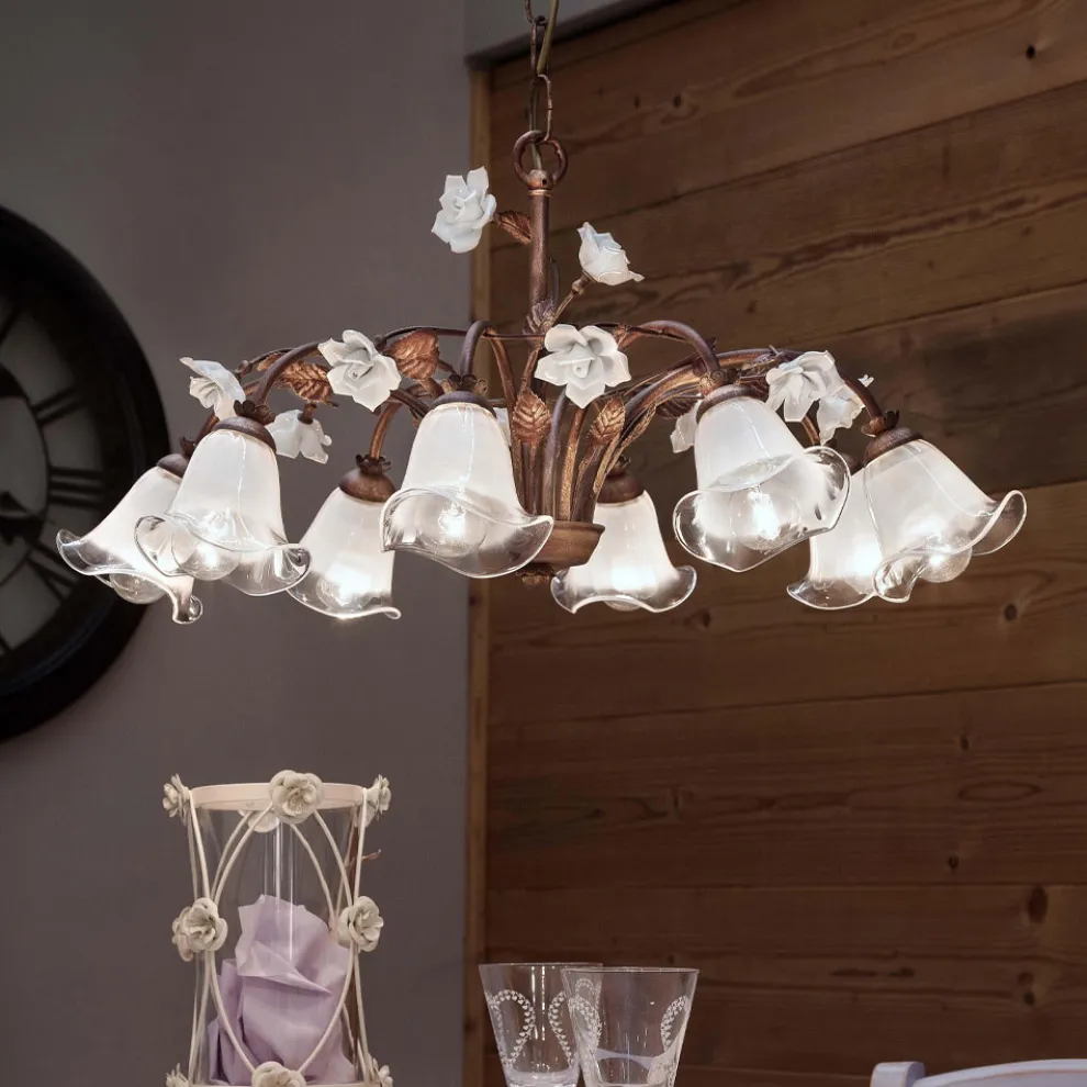 8-flammiger Kronleuchter aus Eisen und sandgestrahltem Glas mit Keramikrosen - Siena