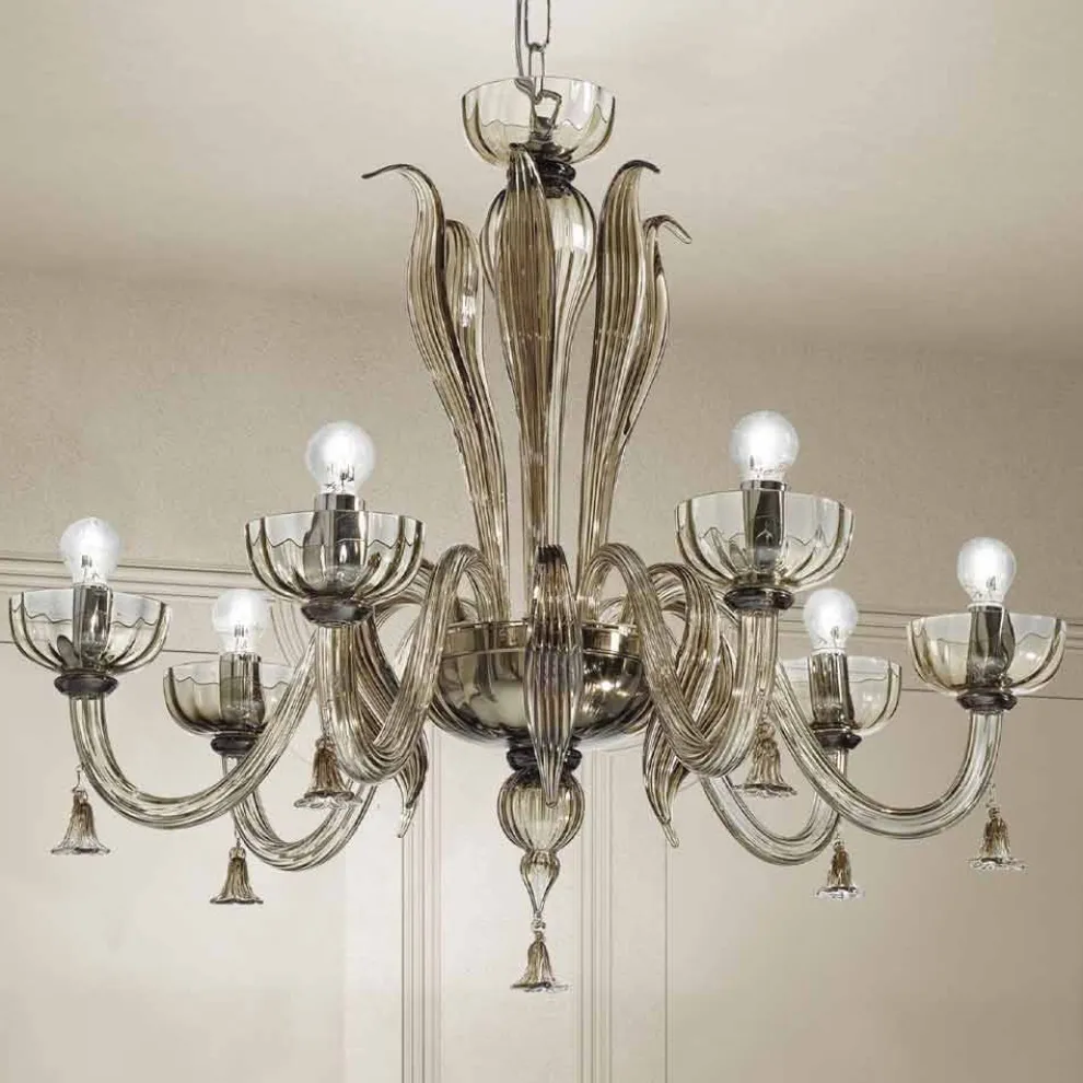 6-flammiger venezianischer Glas-Kronleuchter, handgefertigt in Italien - Regina