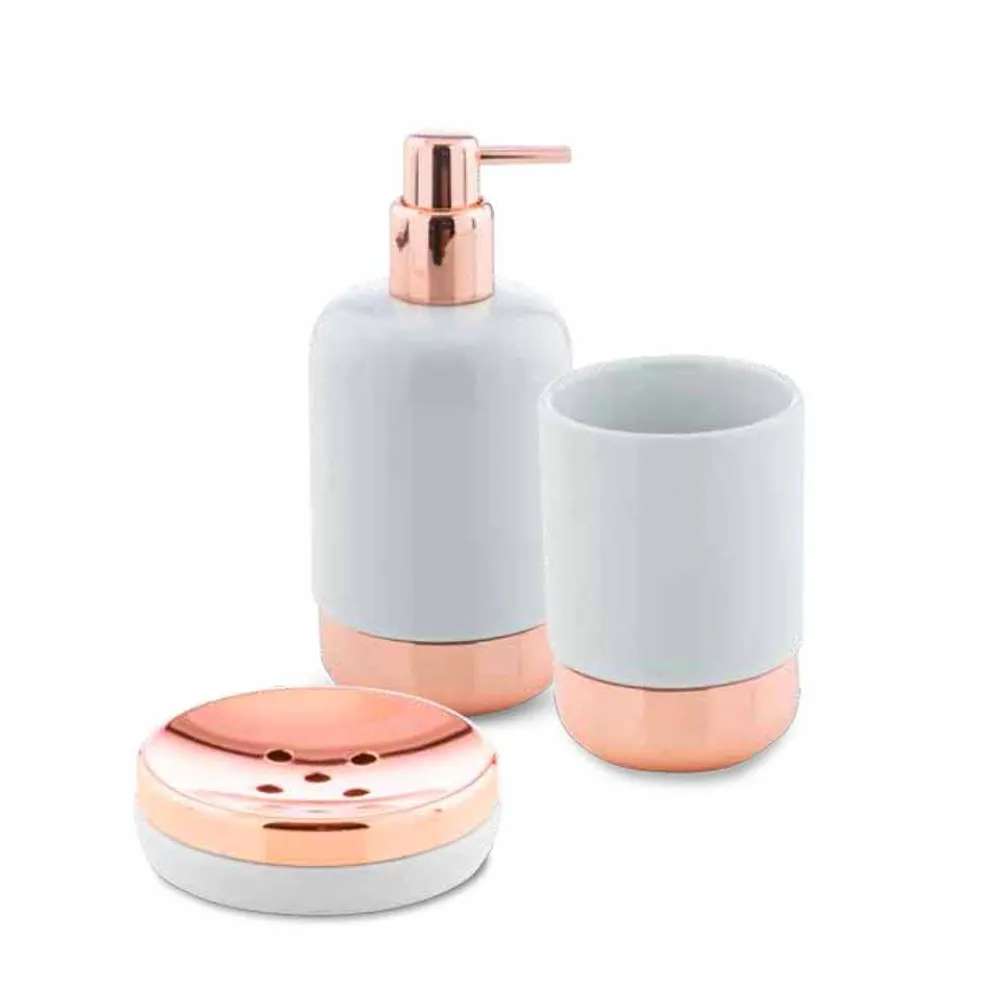 Freistehende Badaccessoires aus weißem Porzellan mit Kupferdetails - Scampia