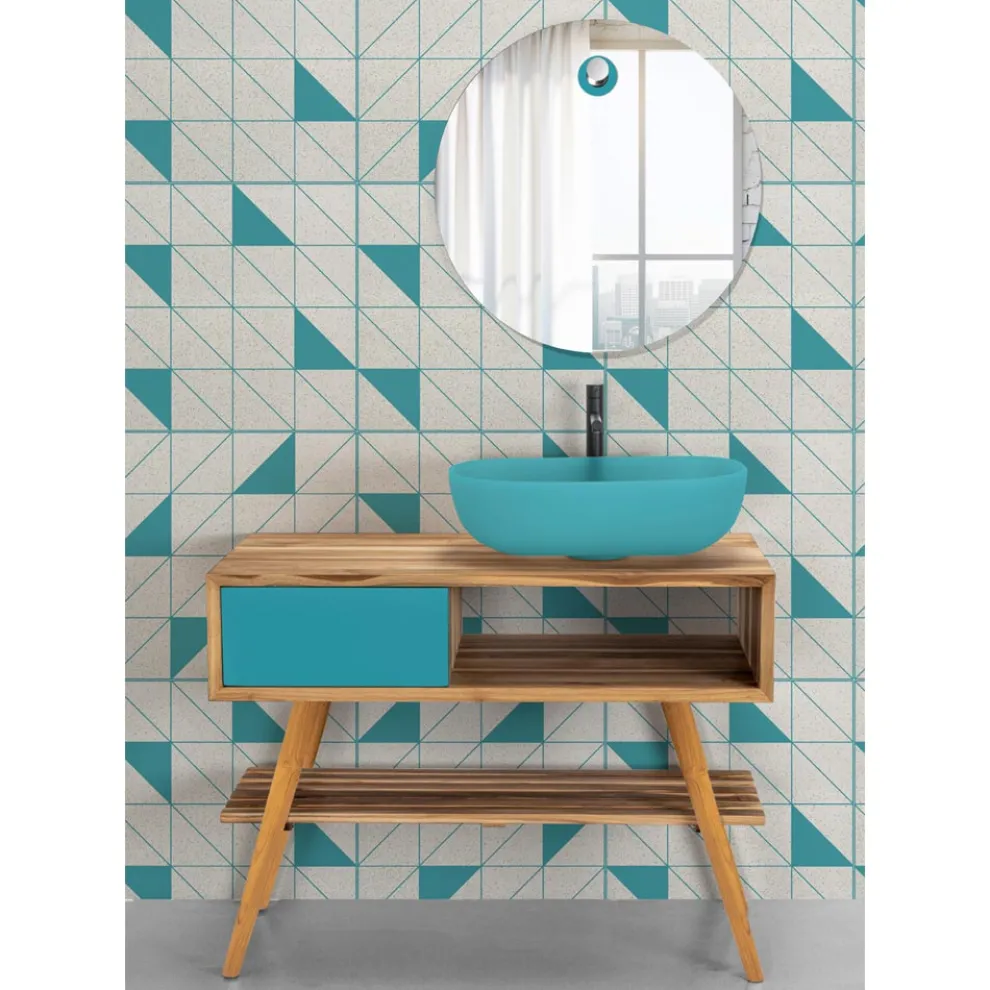 Freistehender Badezimmerschrank mit Struktur aus Teakholz und Schublade aus Mahagoni - Benoit