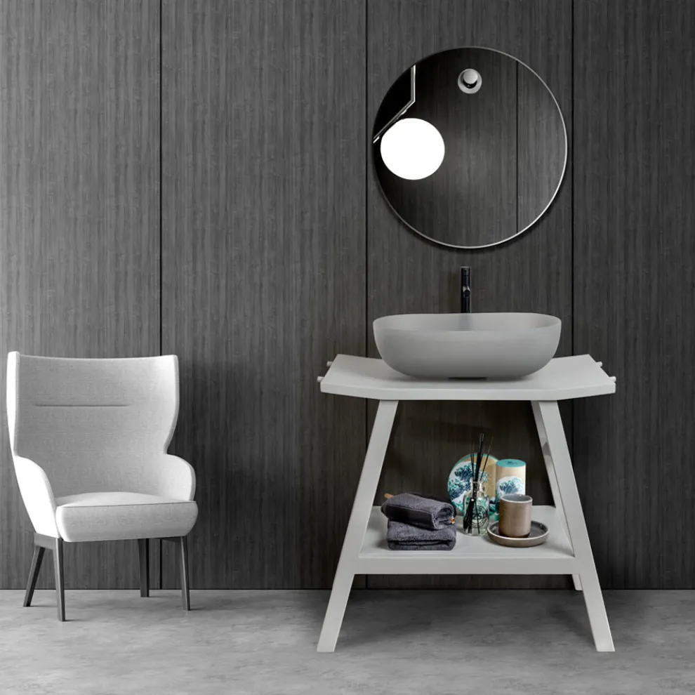 Freistehender Badezimmerschrank in natürlichem Teakgrau mit Haken - Crina