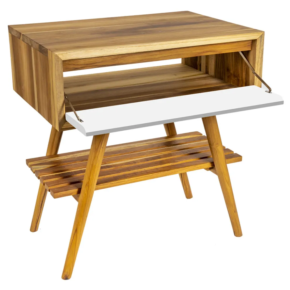 Freistehender Badezimmerschrank aus natürlichem Teakholz mit weißer Mahagonischublade - Gatien