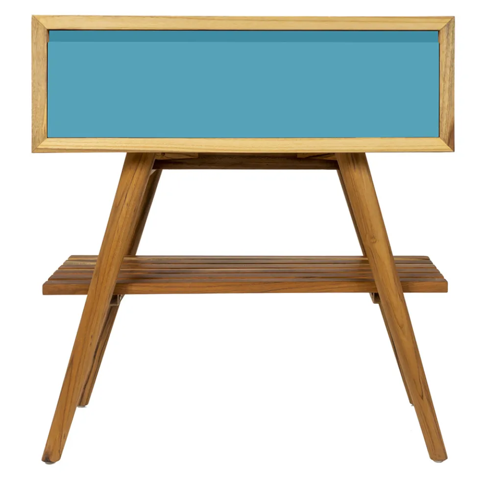 Freistehender Badezimmerschrank aus natürlichem Teakholz mit blauer Mahagonischublade - Gatien