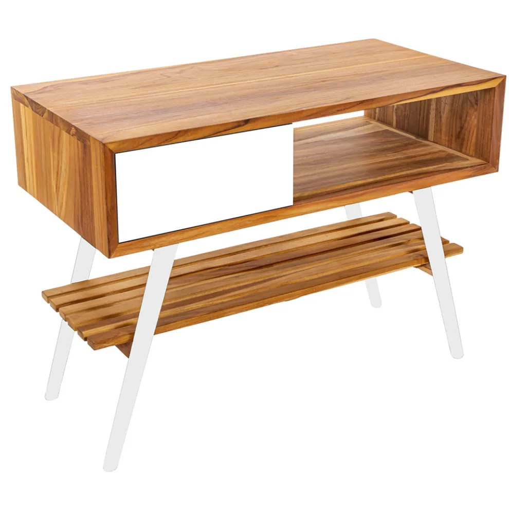 Freistehender Badezimmerschrank aus natürlichem Teakholz und weiß lackiertem Mahagoni - Benoit