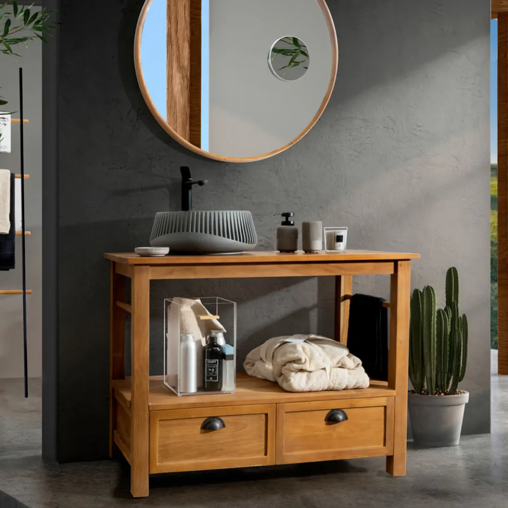 Freistehender Badezimmerschrank aus Teakholz mit zwei Schubladen – Frangipani