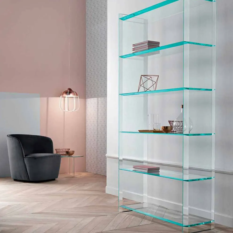 Freistehendes Bücherregal aus extra klarem Glas mit 6 Regalen Made in Italy - Ramen