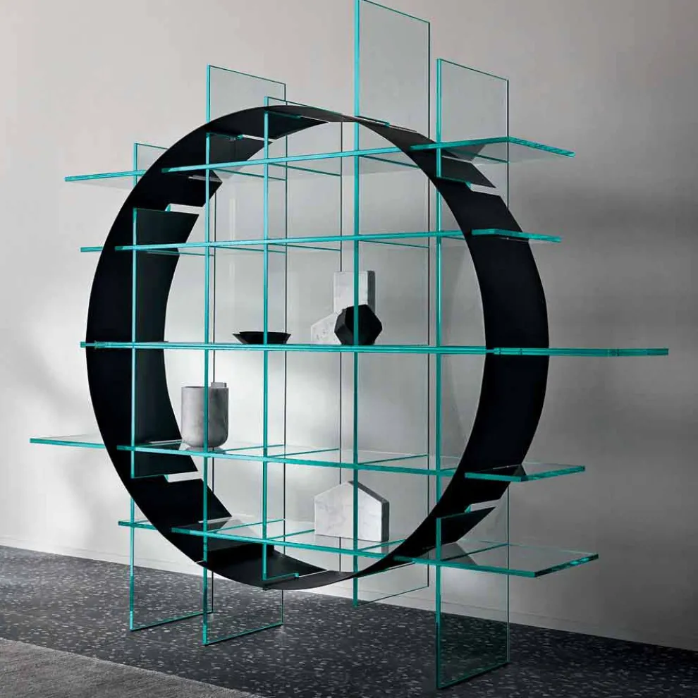 Freistehendes Circle Bücherregal aus extraklarem Glas und gebürstetem Schwarz - Marco