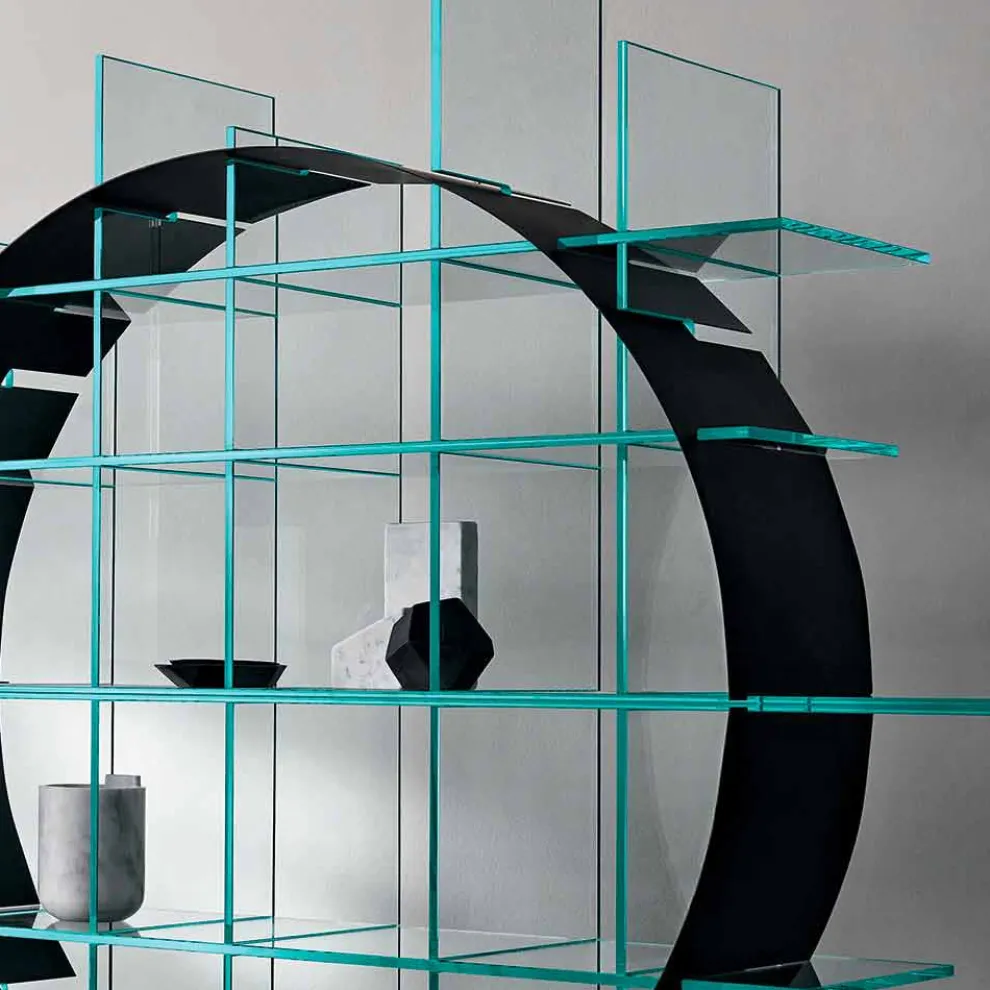 Freistehendes Circle Bücherregal aus extraklarem Glas und gebürstetem Schwarz - Marco