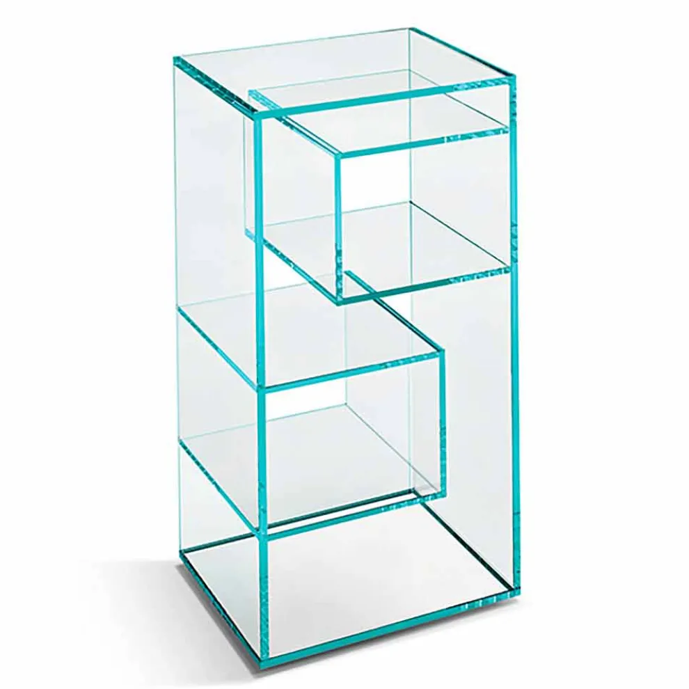 Freistehendes niedriges Wohnzimmer-Bücherregal aus extra klarem Glas - Linzy