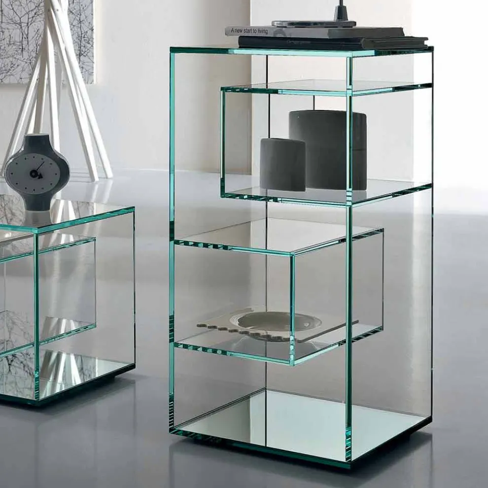 Freistehendes niedriges Wohnzimmer-Bücherregal aus extra klarem Glas - Linzy