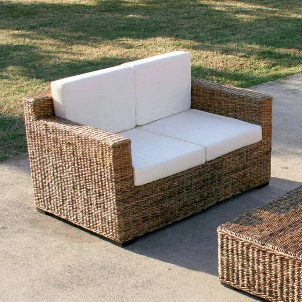 2-Sitzer-Sofa mit Bananengeflechtstruktur und ecrufarbenen Kissen - Dish