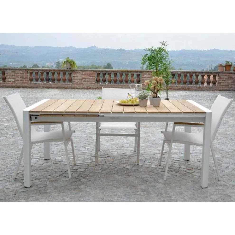 Ausziehbarer Tisch 240 cm aus weißem Aluminium und Teakholzplatte - Diary