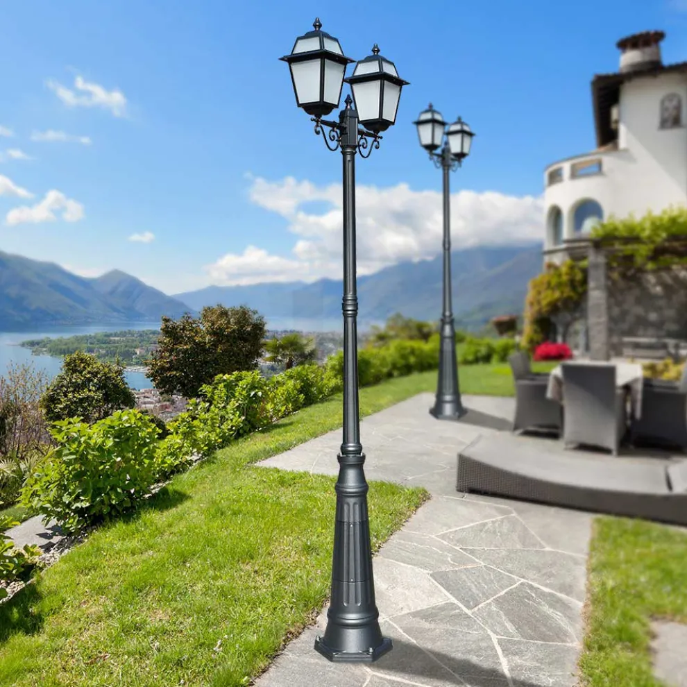 Gartenlaternenpfahl 249 cm hoch aus anthrazitfarbenem Aluminium und sandgestrahltem Glas - Elric