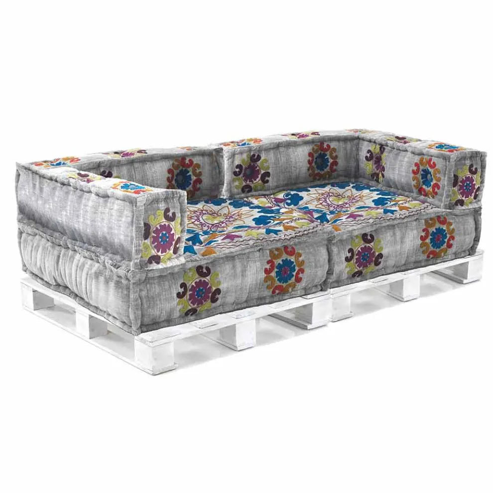 Gepolstertes Zweisitzer-Ethnosofa aus Patchworkstoff und Holzfaser