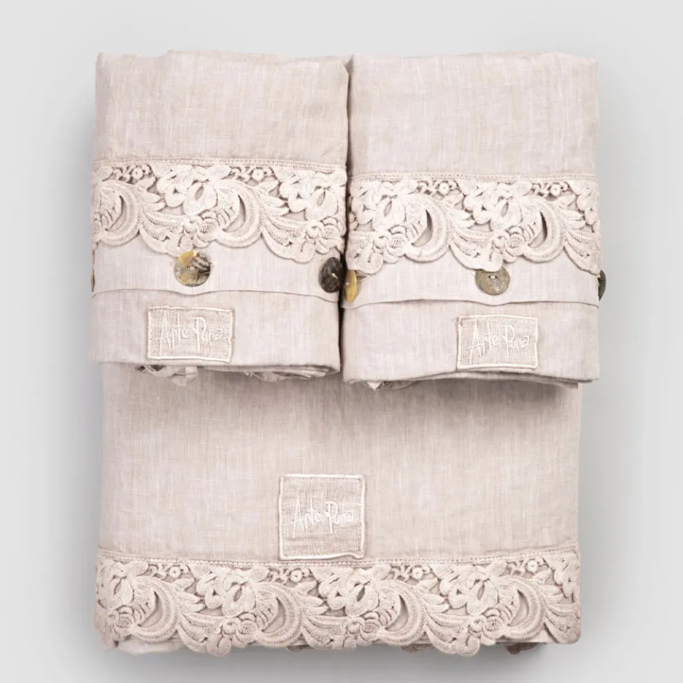 Armonia 2 Color Sheet Set aus hellem Leinen und Spitze für Doppelbett - Dettox