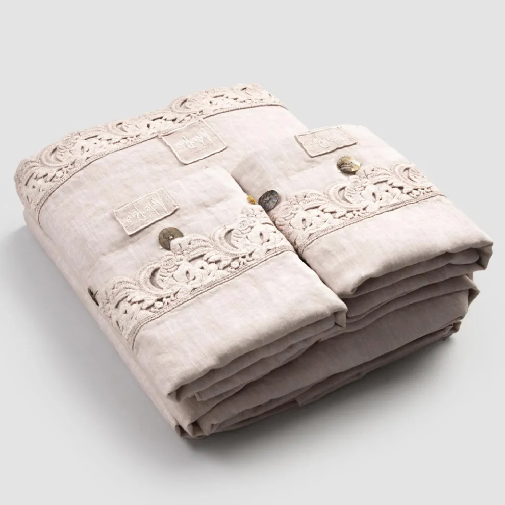 Armonia 2 Color Sheet Set aus hellem Leinen und Spitze für Doppelbett - Dettox