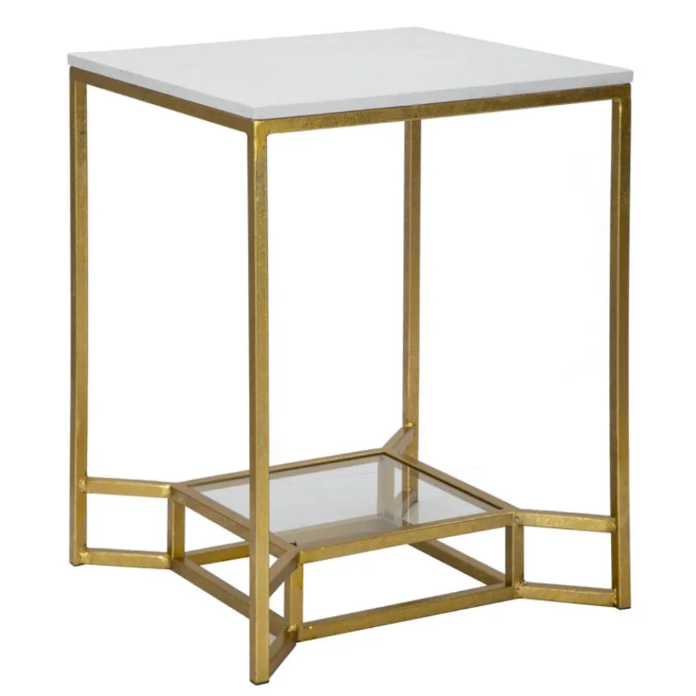 Golden Square Couchtisch aus Eisen, weißem Harz und Glas - Tokyo