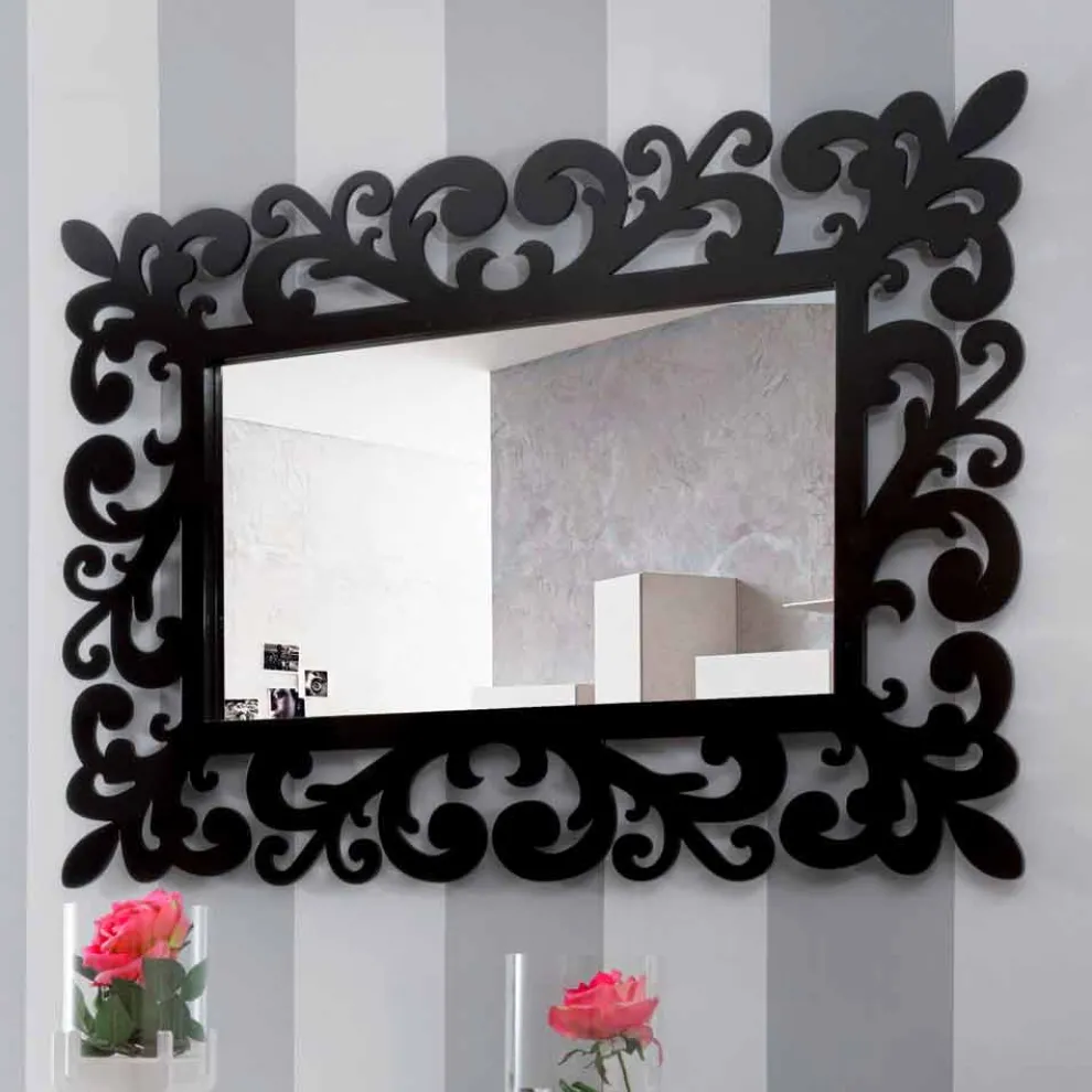 Großer rechteckiger Wandspiegel mit modernem Design aus schwarzem Holz - Manola