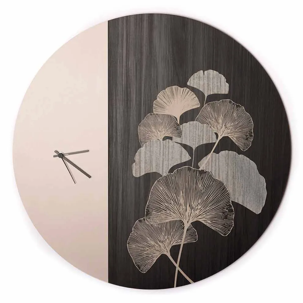 Rundes Design Holzwanduhr mit Dekorationen, 2 Oberflächen, Made in Italy - Ginkgo