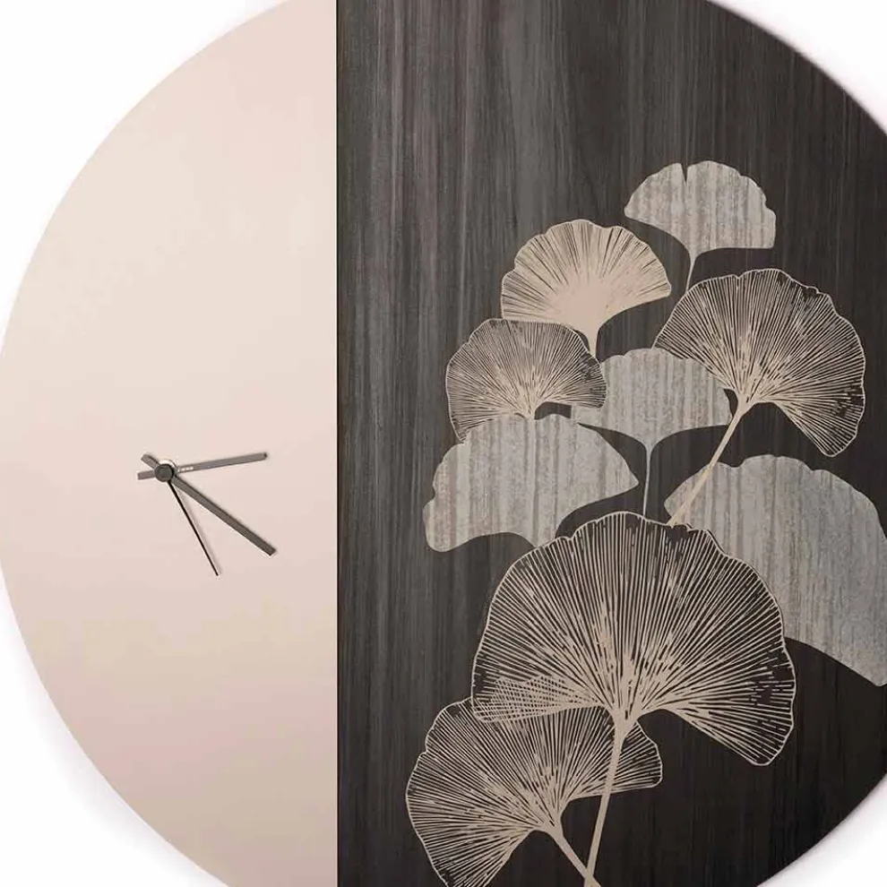 Rundes Design Holzwanduhr mit Dekorationen, 2 Oberflächen, Made in Italy - Ginkgo