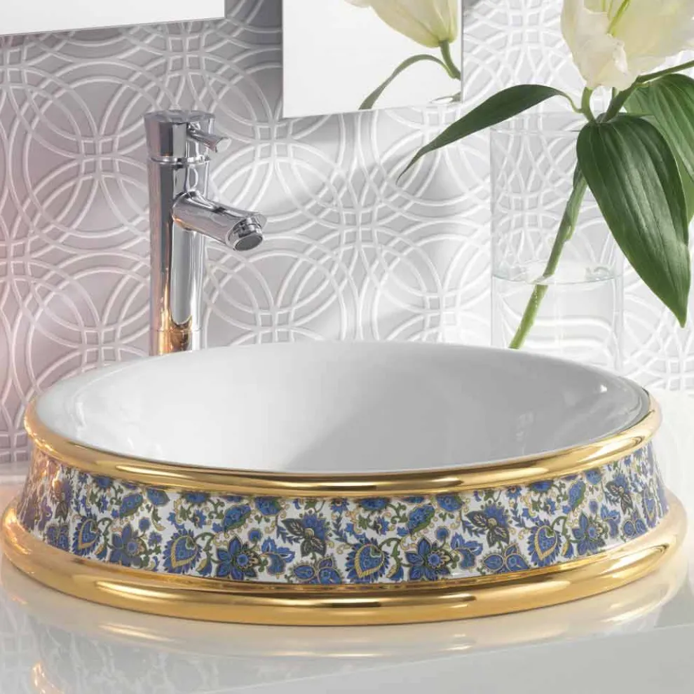 Halbeinbauwaschbecken aus fire clay und 24k Gold handgemacht in Italien, Manilo