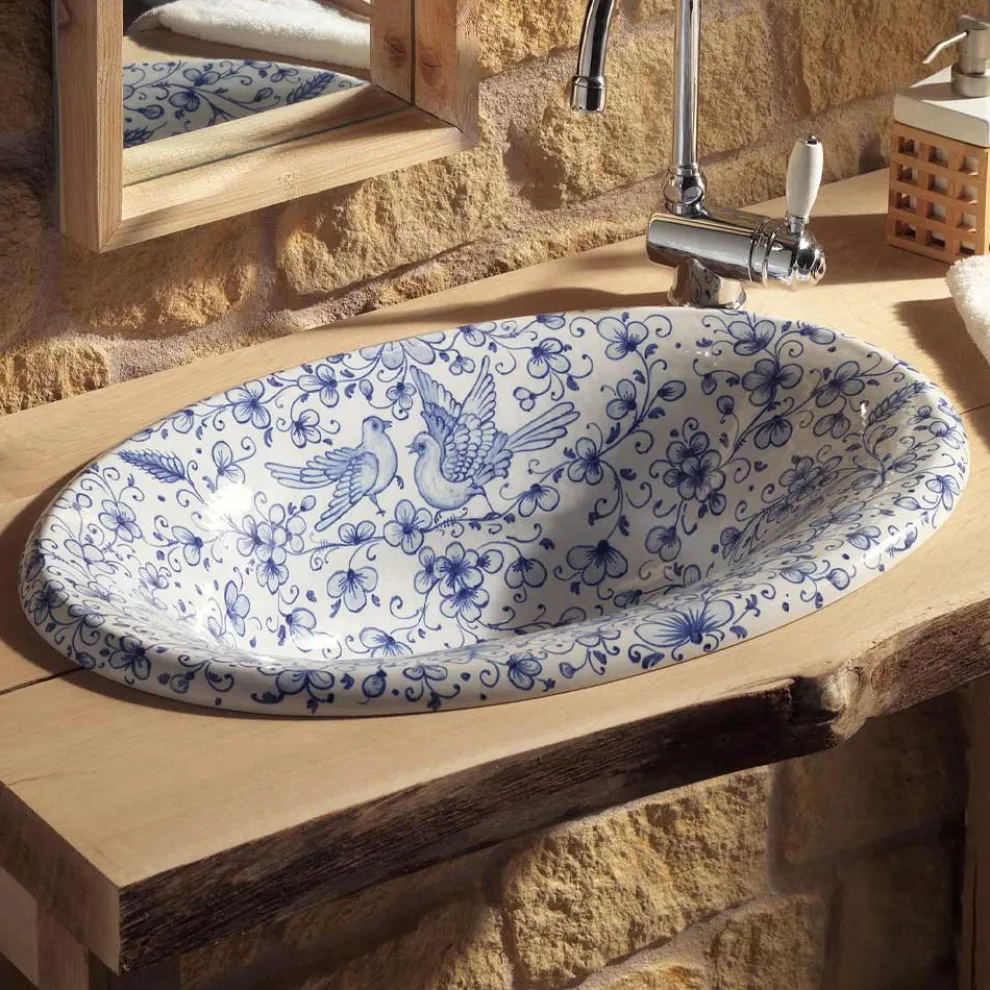 Halbeinbauwaschbecken aus handbemaltem Schamott, hergestellt in Italien – Principe