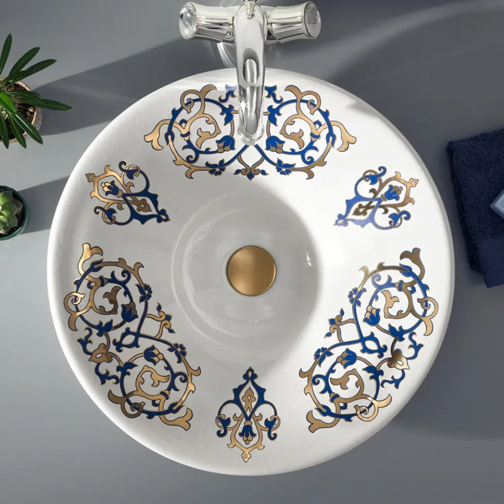 Halbeinbauwaschbecken mit Kobaltblau- und Gold- oder Golddekorationen, hergestellt in Italien – Capatosta