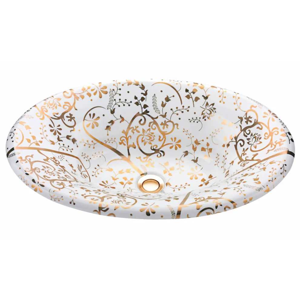 Halbeinbauwaschbecken aus Schamotteton mit goldener Spirale, hergestellt in Italien – Principe