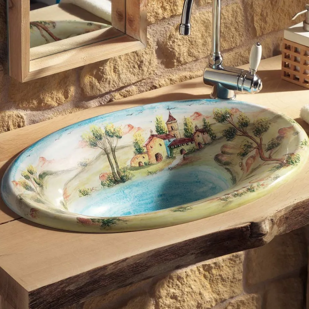 Halbeinbauwaschbecken aus Schamott mit Landschaft von Deruta, hergestellt in Italien – Principe