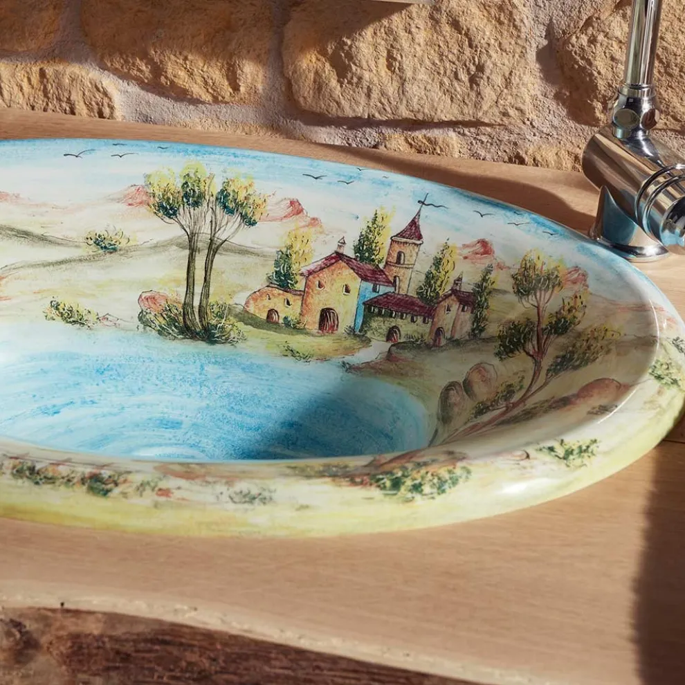 Halbeinbauwaschbecken aus Schamott mit Landschaft von Deruta, hergestellt in Italien – Principe