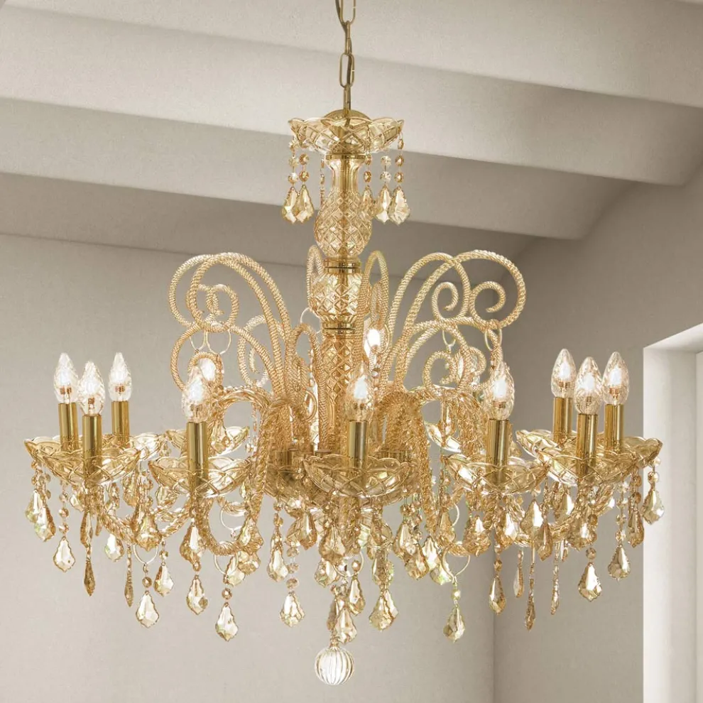 Handgefertigter Kronleuchter 12 Lichter aus venezianischem Glas und Metall - Florentiner