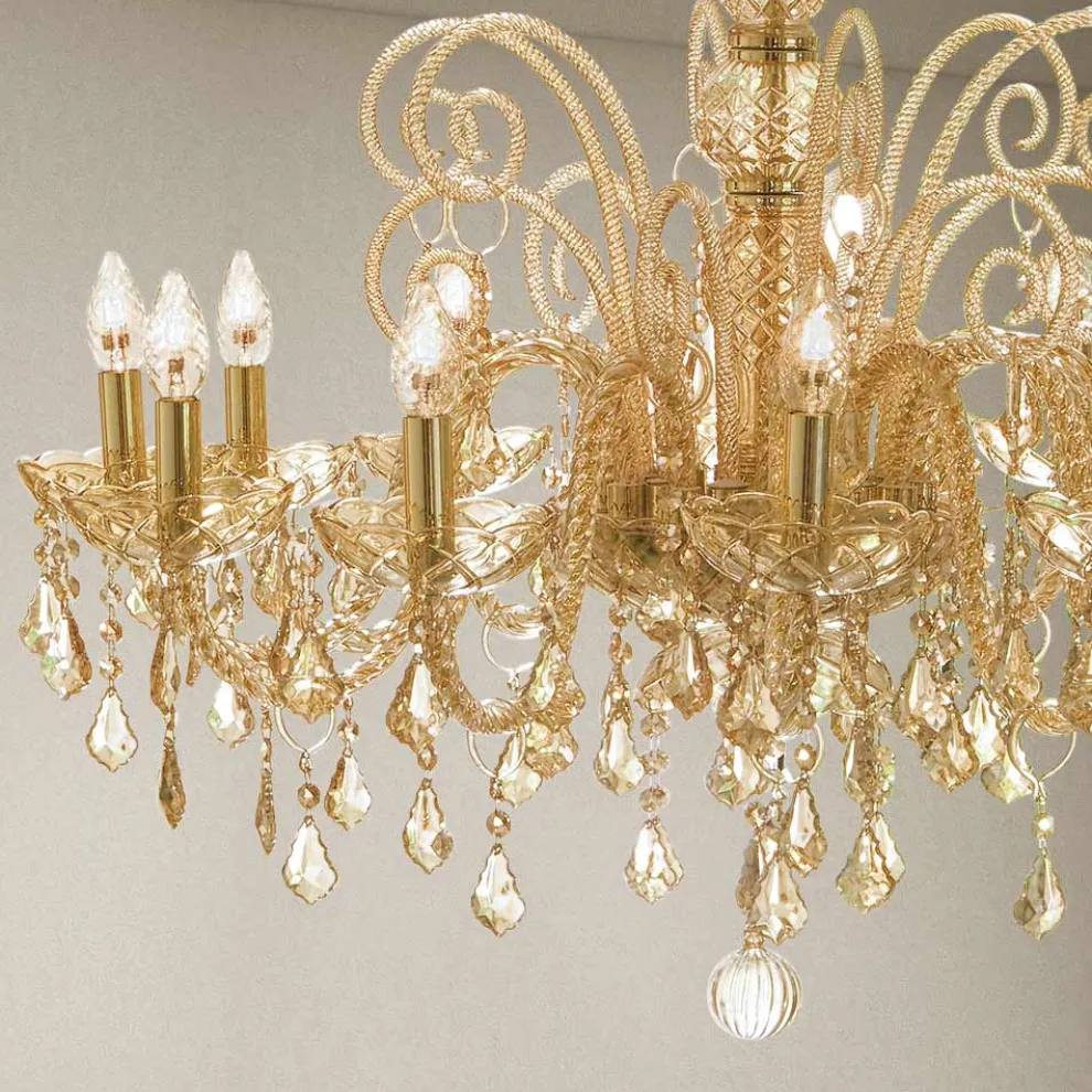 Handgefertigter Kronleuchter 12 Lichter aus venezianischem Glas und Metall - Florentiner