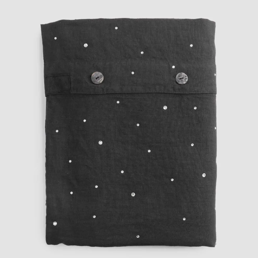 Bettbezug aus schwarzem Leinen mit Kristallen Luxus Doppelbett - Damante