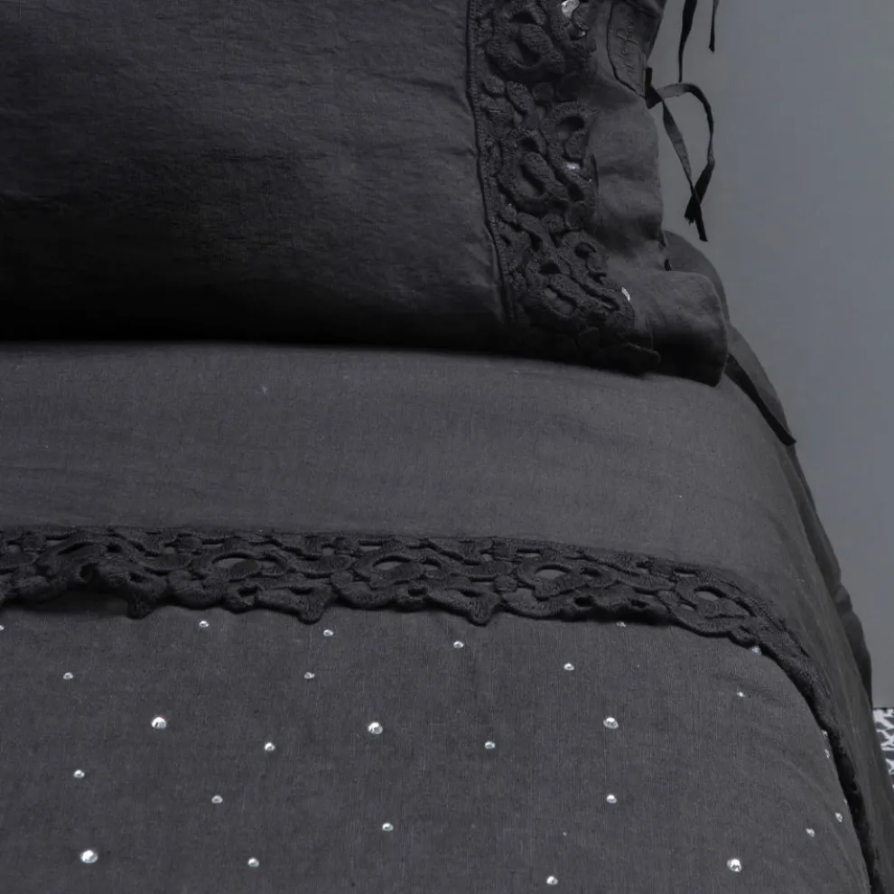 Bettbezug aus schwarzem Leinen mit Kristallen Luxus Doppelbett - Damante