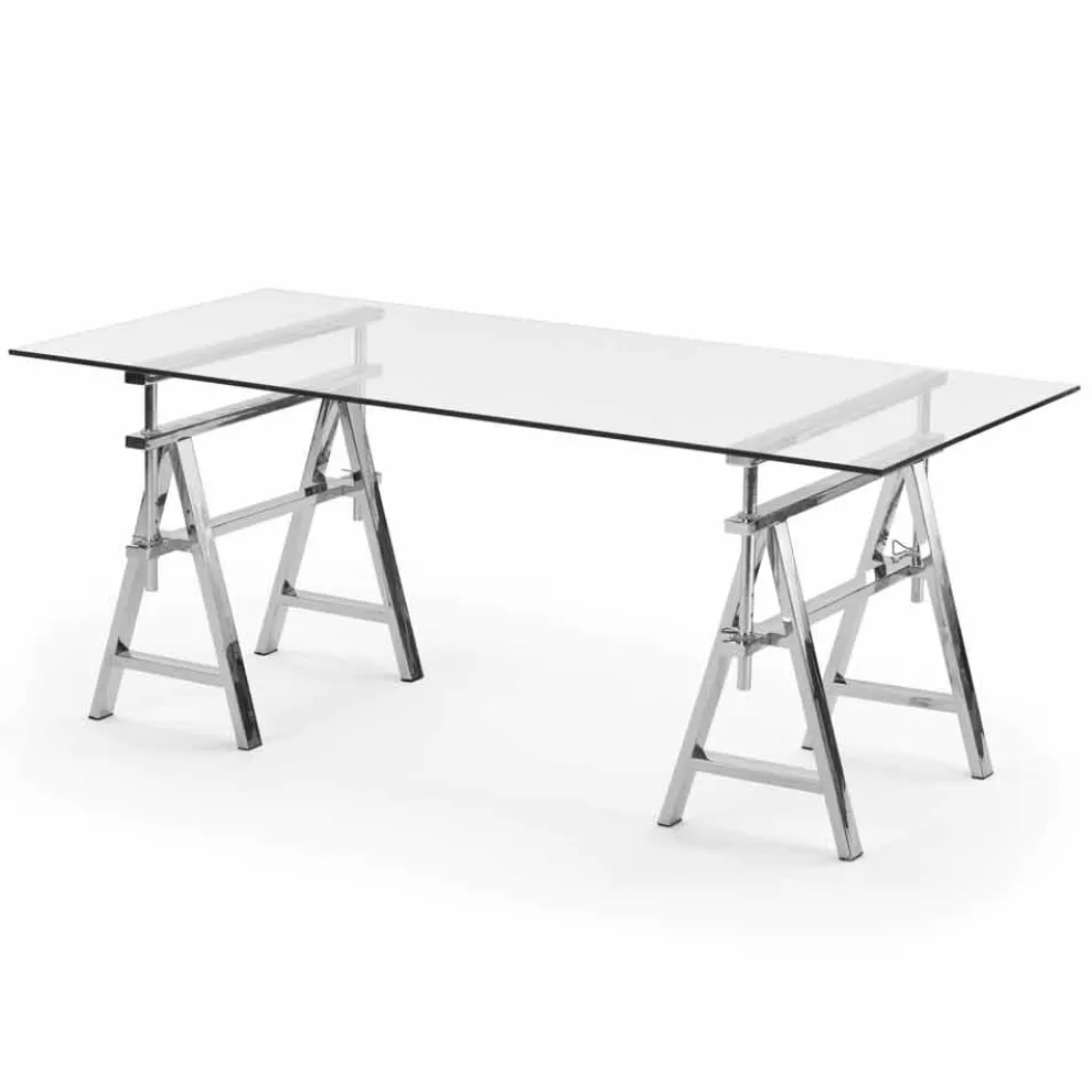 Höhenverstellbarer Stahl / Glastisch (L190xH72 / 74 / 78xP90cm) Cristal
