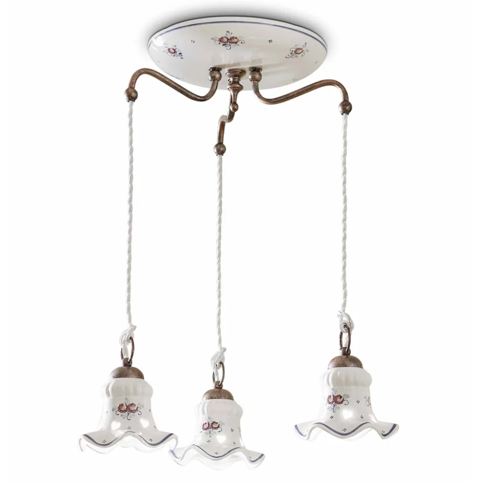 Hängelampe 3 Lichter aus Eisen und handbemalter Vintage-Keramik - Chieti