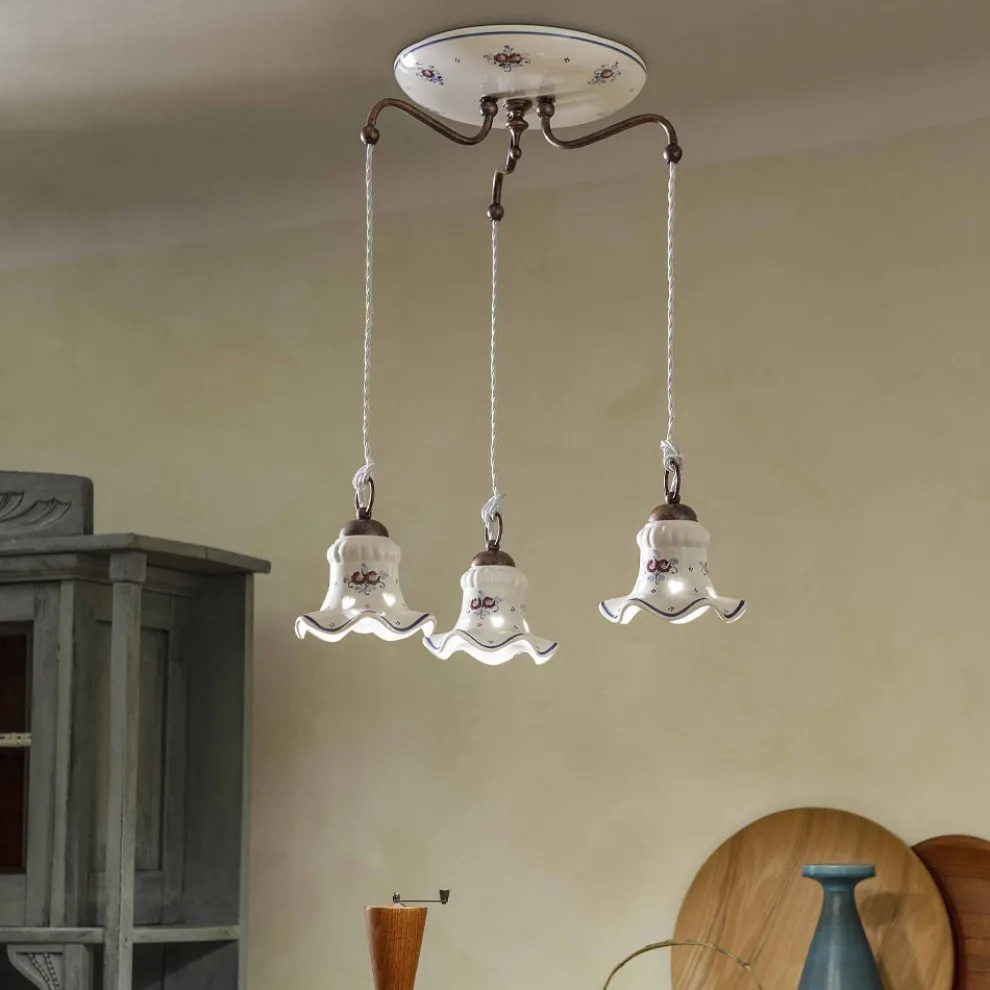 Hängelampe 3 Lichter aus Eisen und handbemalter Vintage-Keramik - Chieti