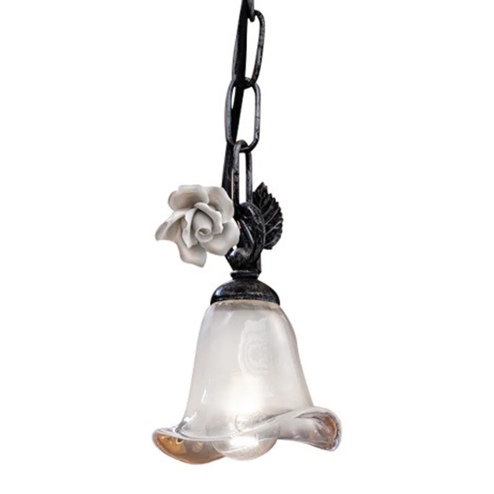 Hängelampe aus Eisen und Glas mit Rose aus Keramik - Siena
