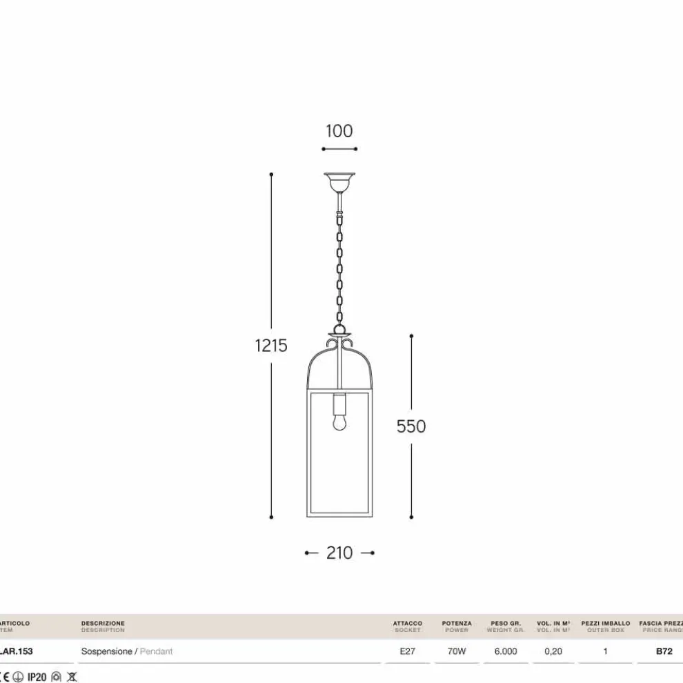 Hängelampe eckig aus Messing und Glas Aida von Aldo Bernardi