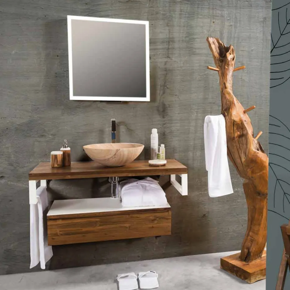 Hängende Badezimmerkonsole aus Teakholz und Hi Macs® mit Aufbewahrungsschublade - Rodolfo