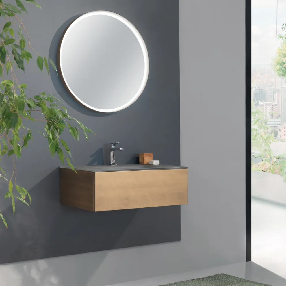 Hängender Badezimmerschrank mit Spiegel aus Metall, Holz und Luxuskristall - Renga