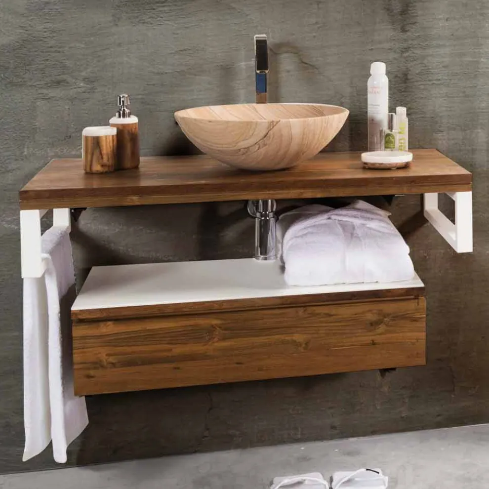 Hängender Badezimmerschrank aus Teakholz mit Handtuchhalter in Hi Macs® Weiß - Saverno