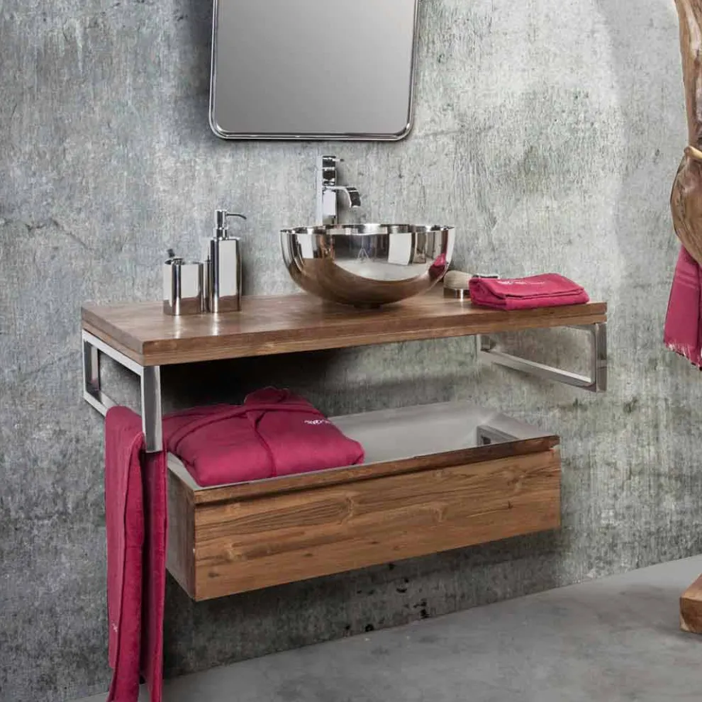 Hängender Badezimmerschrank aus Teakholz mit Handtuchhalter aus Edelstahl - Saverno