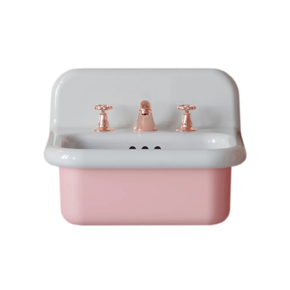 Hängendes Badezimmerwaschbecken aus weißer und bonbonrosa Keramik – Manila