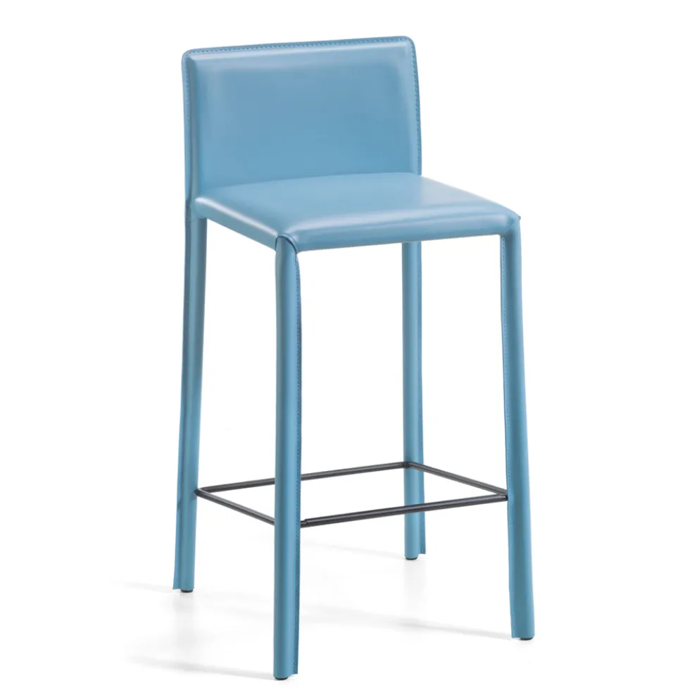 Hocker mit niedriger Rückenlehne aus blauem Leder, hergestellt in Italien – Delfino